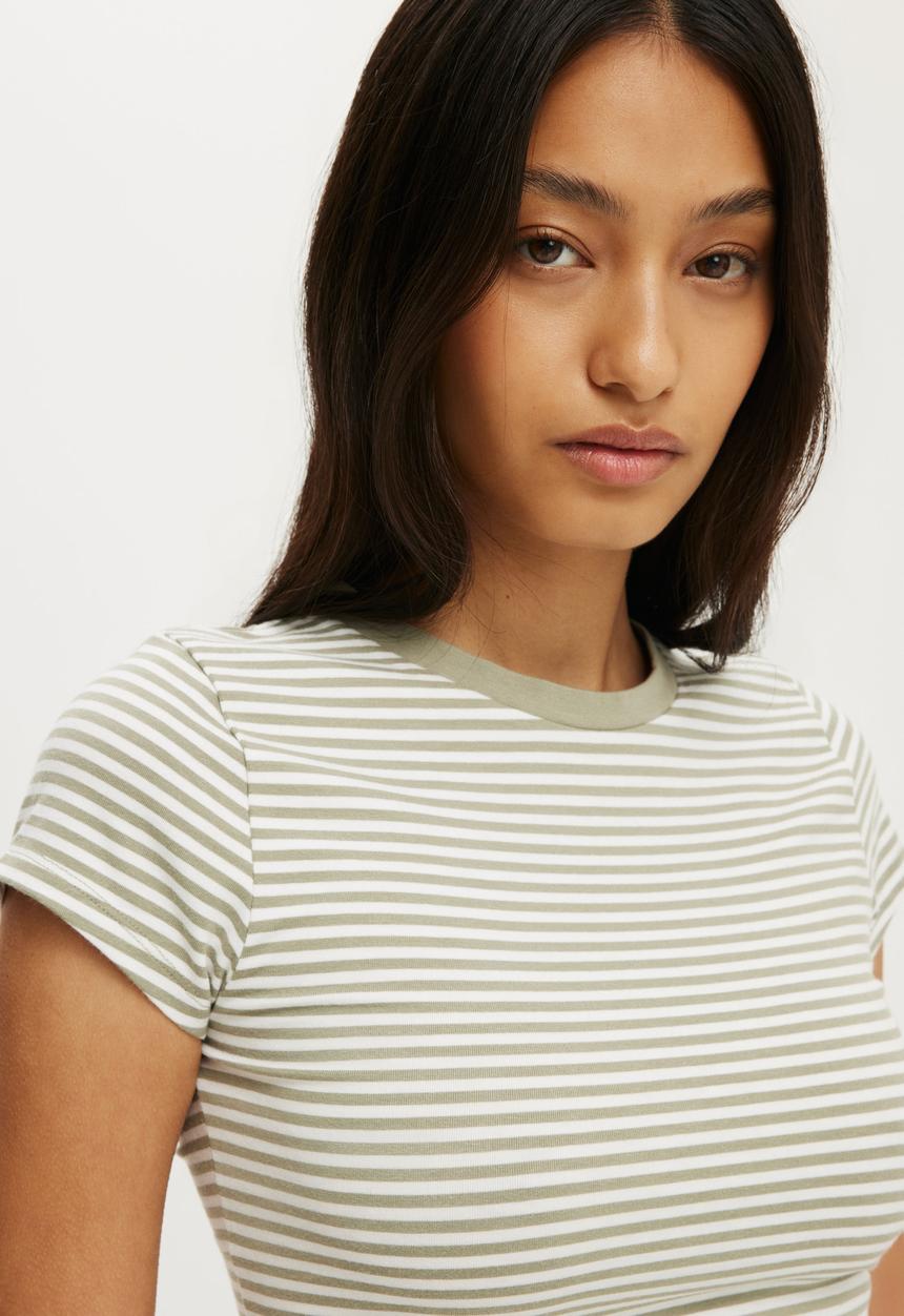 Cotton On - All Day Crew Tee - Madi Stripe Pale Eucalyptus/White