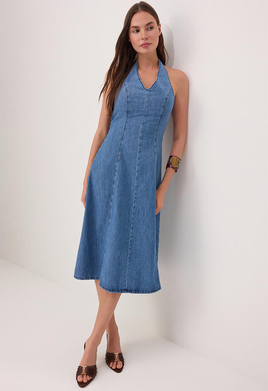Trendyol - Halter Neck Midi Denim Dress - Blue