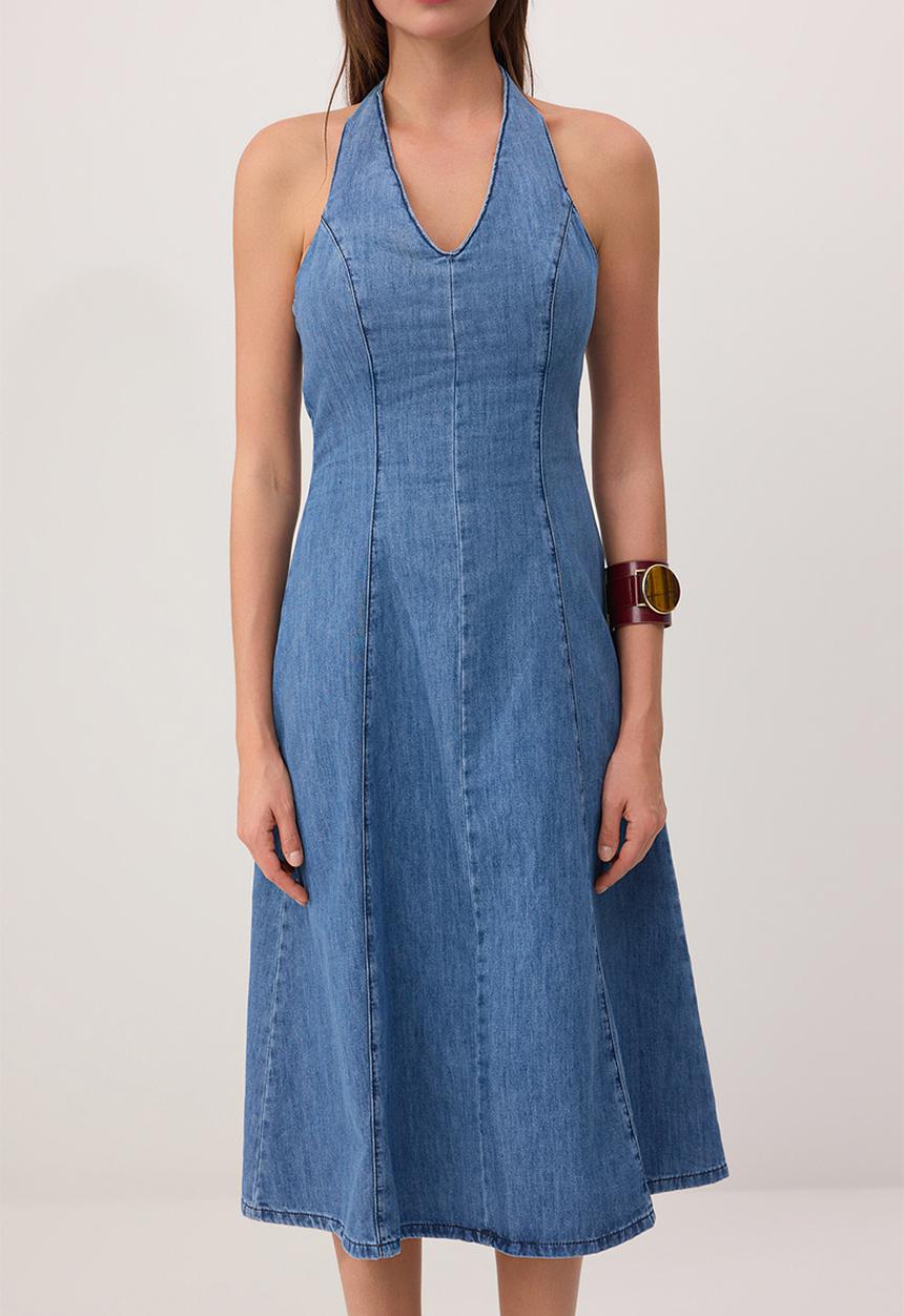 Trendyol - Halter Neck Midi Denim Dress - Blue
