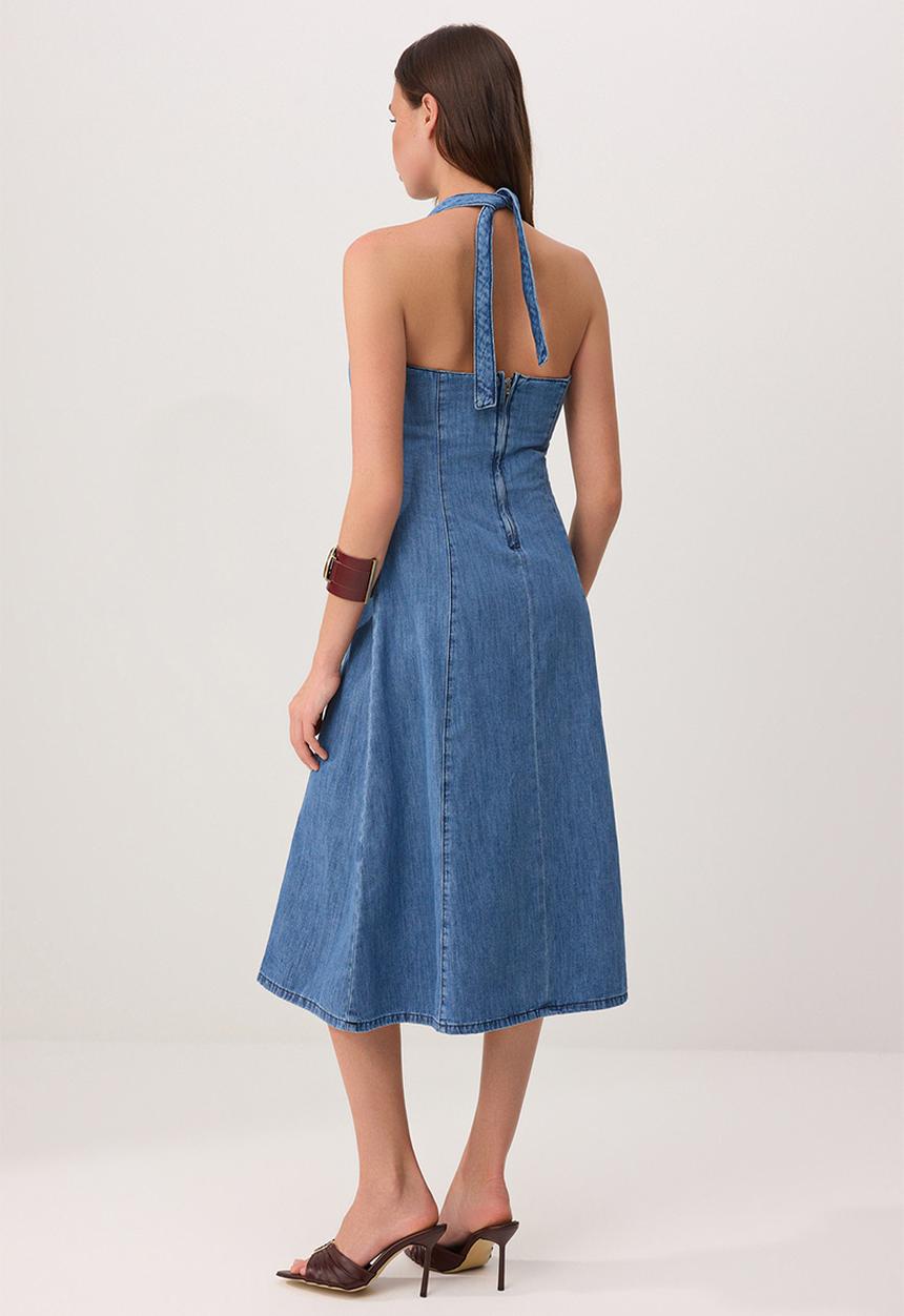 Trendyol - Halter Neck Midi Denim Dress - Blue