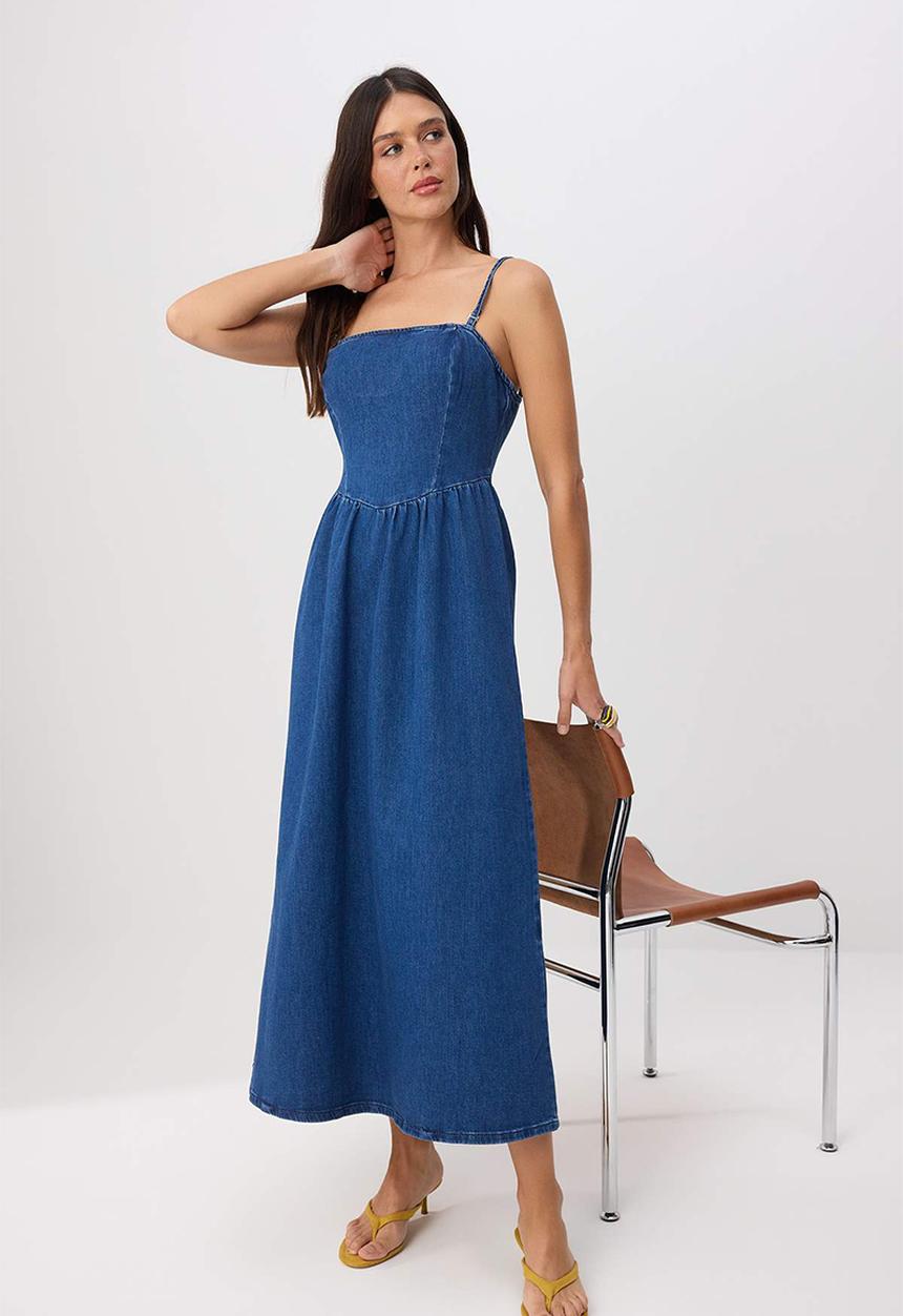 Trendyol - Strapless Stretch Maxi Denim Dress - Blue