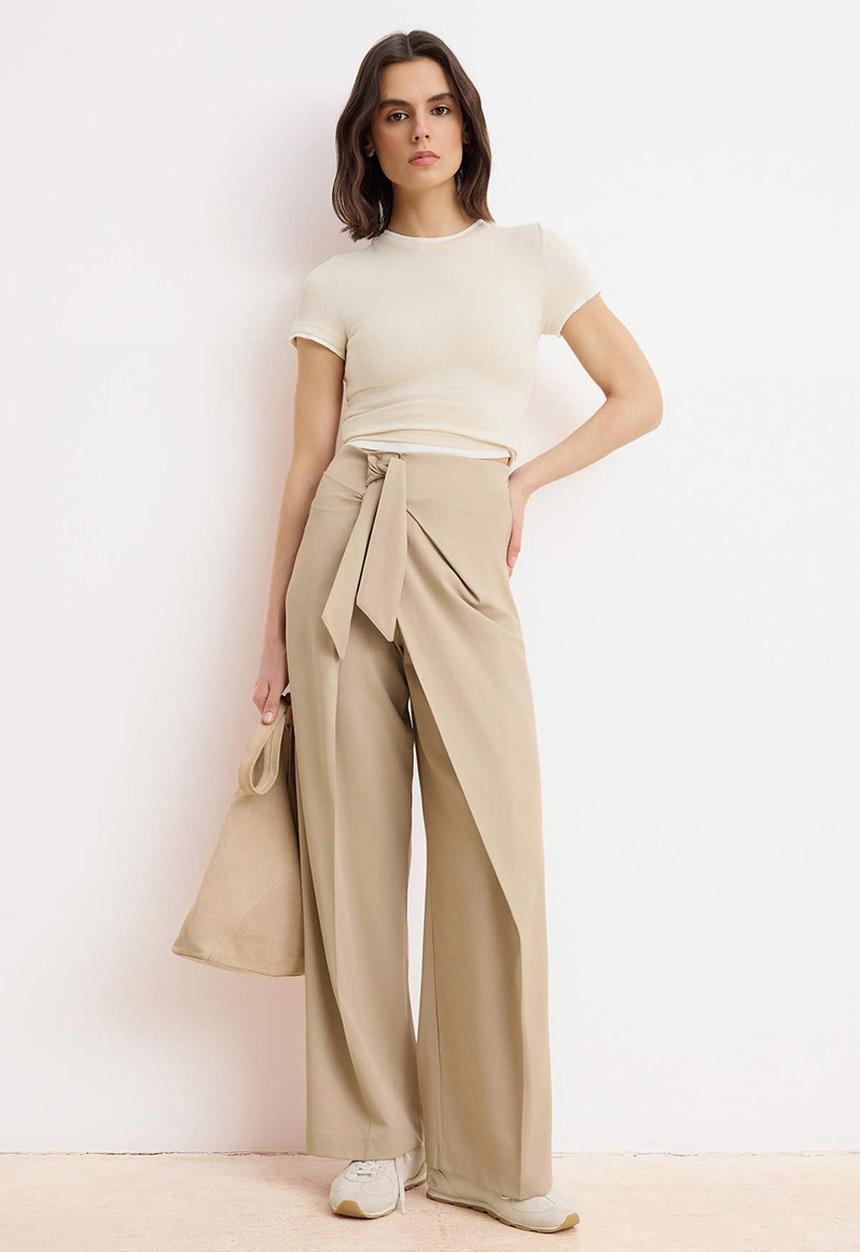 Trendyol - Tie Detail Wide-Leg Trousers - Beige