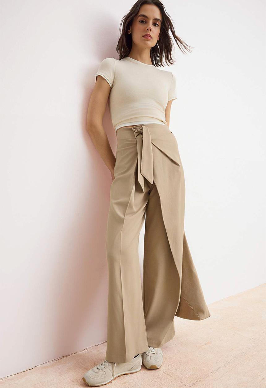Trendyol - Tie Detail Wide-Leg Trousers - Beige