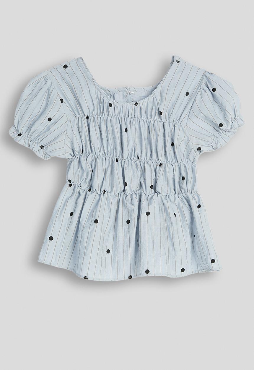 Pop Candy - Pin-striped smocked bodice top - powder blue