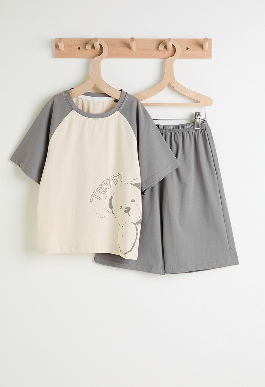 Pop Candy - Tee & shorts pj set - grey & cream