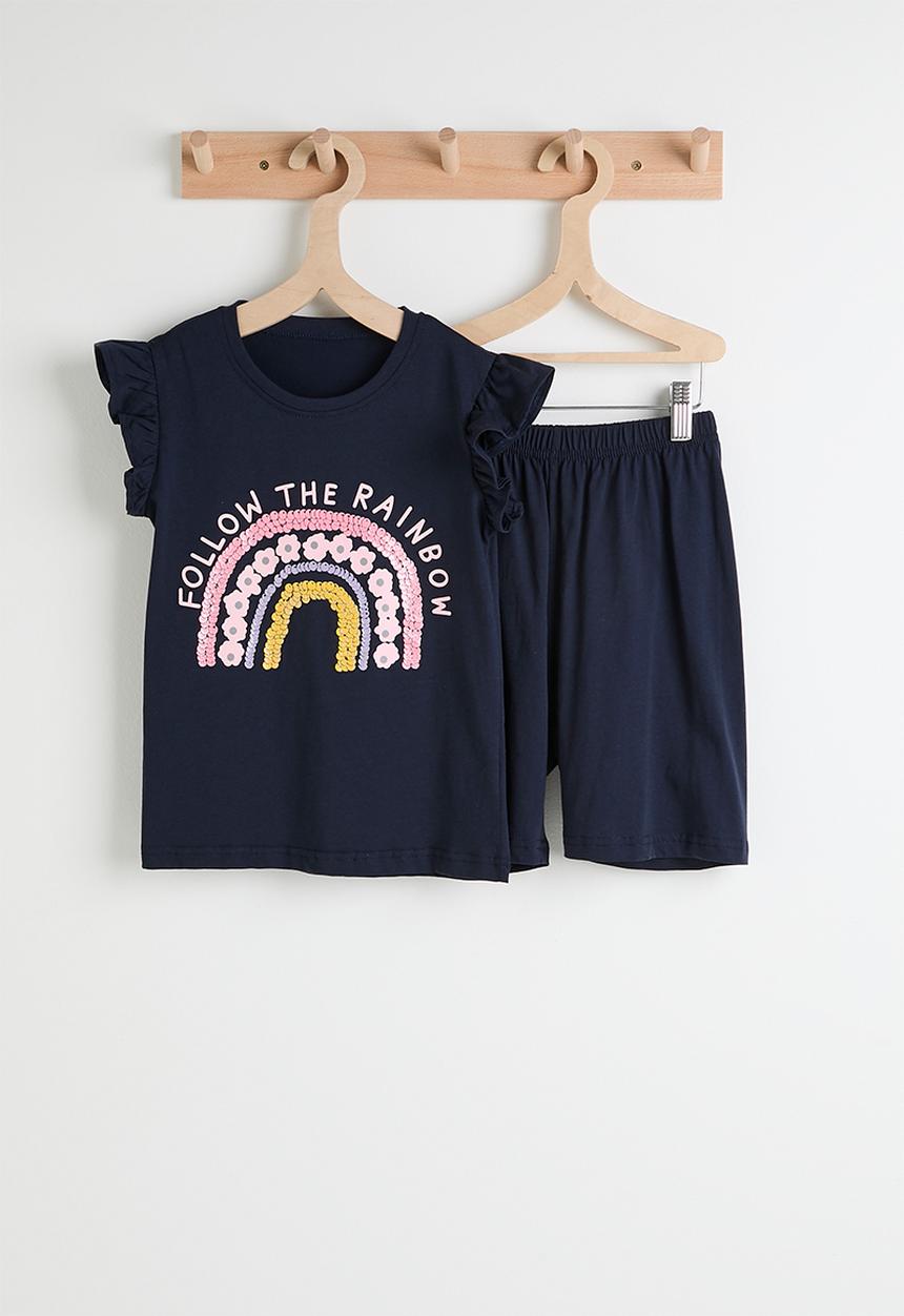 Pop Candy - Rainbow graphic frilled sleeve tee with shorts - dark navy