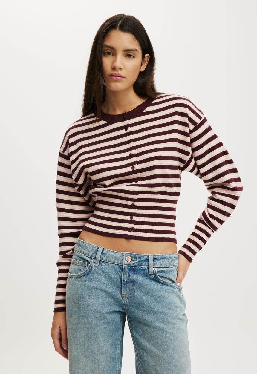 Cotton On - Sara Button Cardigan - Sour Cherry/Pink Stripe