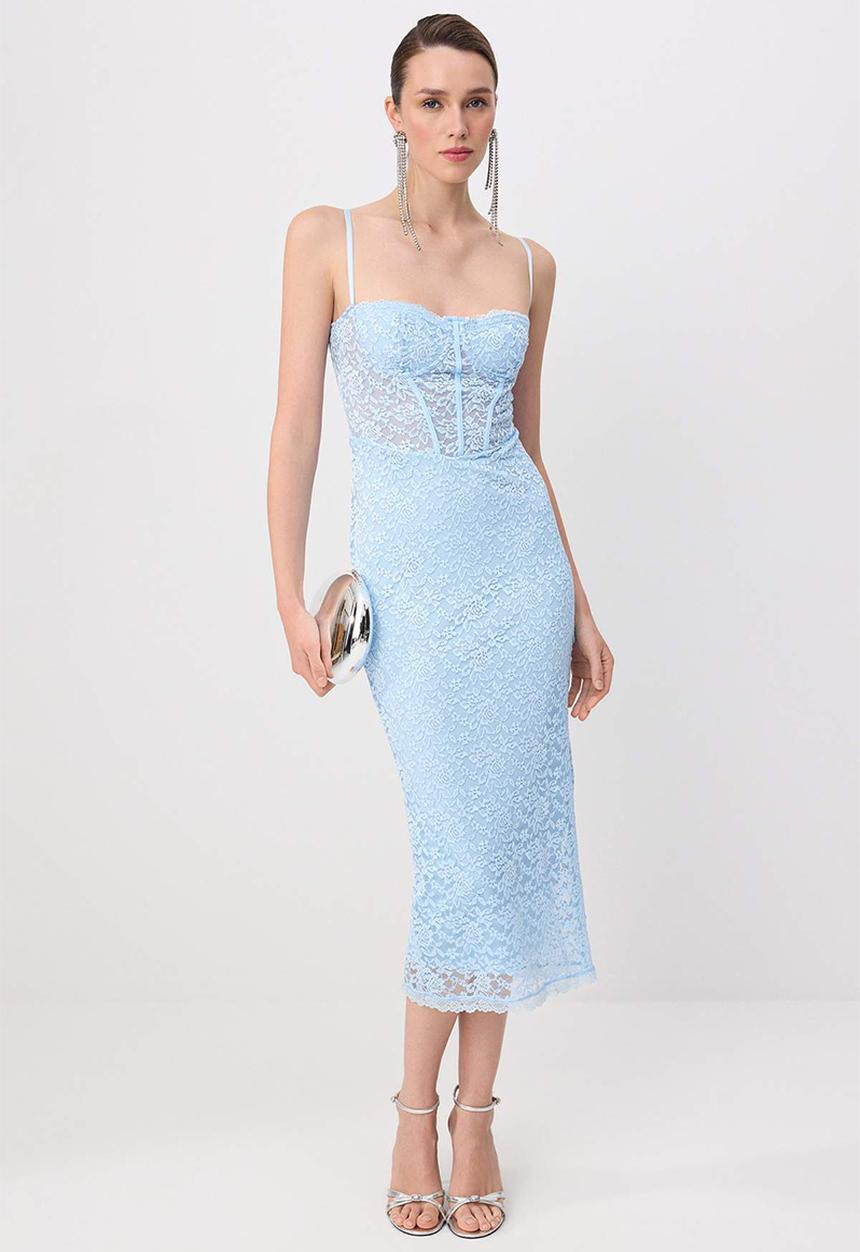 Trendyol - Lace Detail Midi Dress - Light Blue