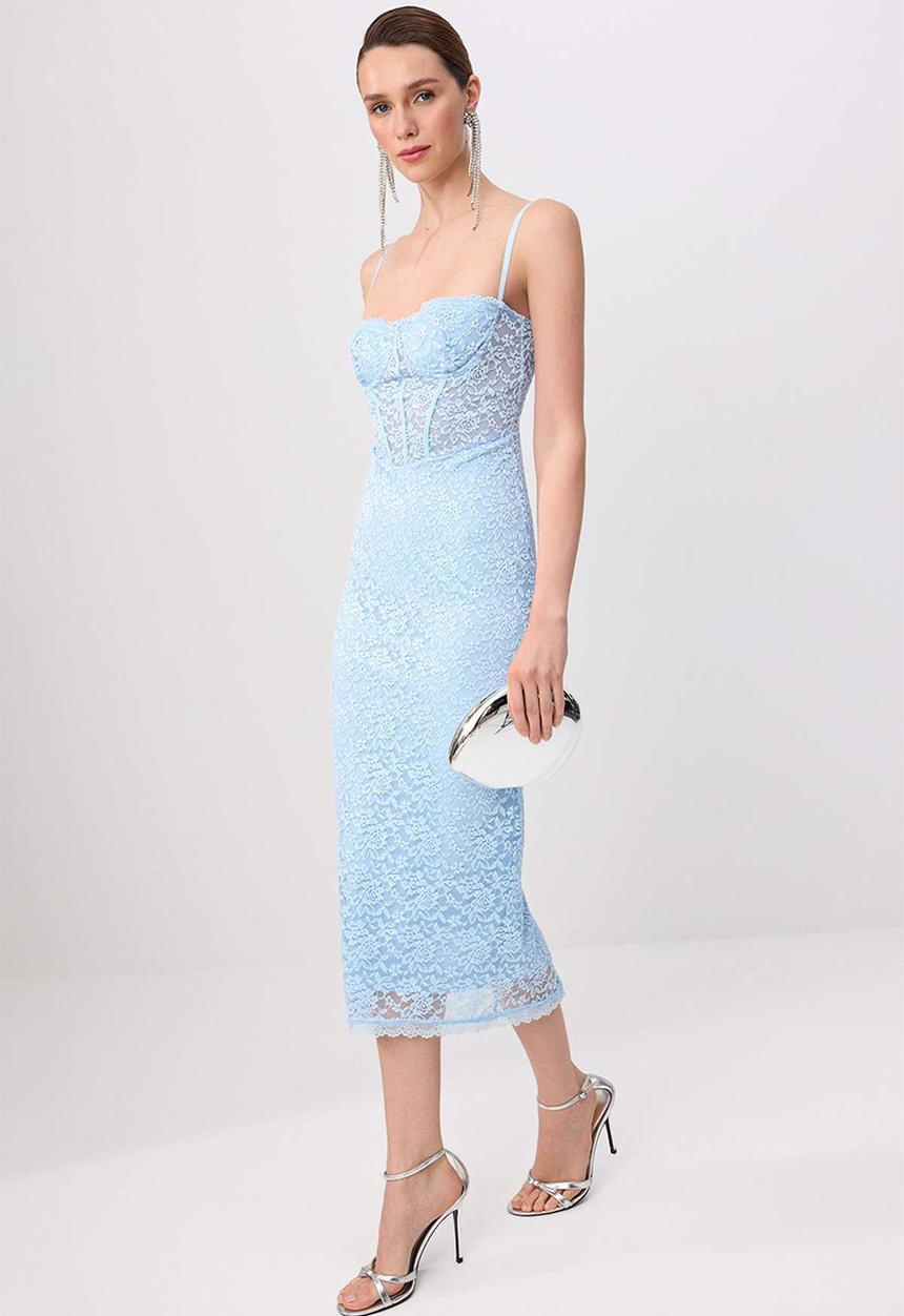 Trendyol - Lace Detail Midi Dress - Light Blue