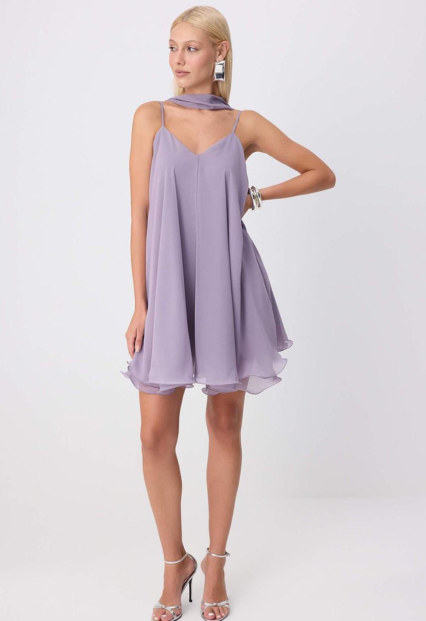 Trendyol - A-Line Chiffon Mini Dress - Lilac
