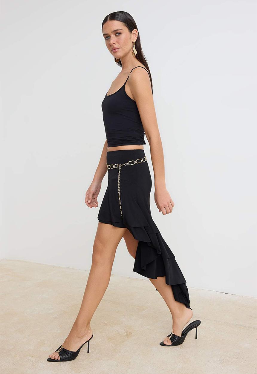 Trendyol - Ruffle Detail Midi Knit Skirt - Black