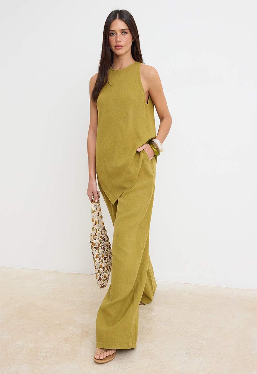 Trendyol - Halter Neck Blouse and Wide-Leg Trousers Set - Oil Green