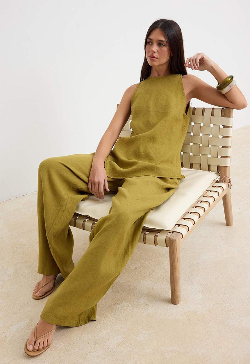 Trendyol - Halter Neck Blouse and Wide-Leg Trousers Set - Oil Green