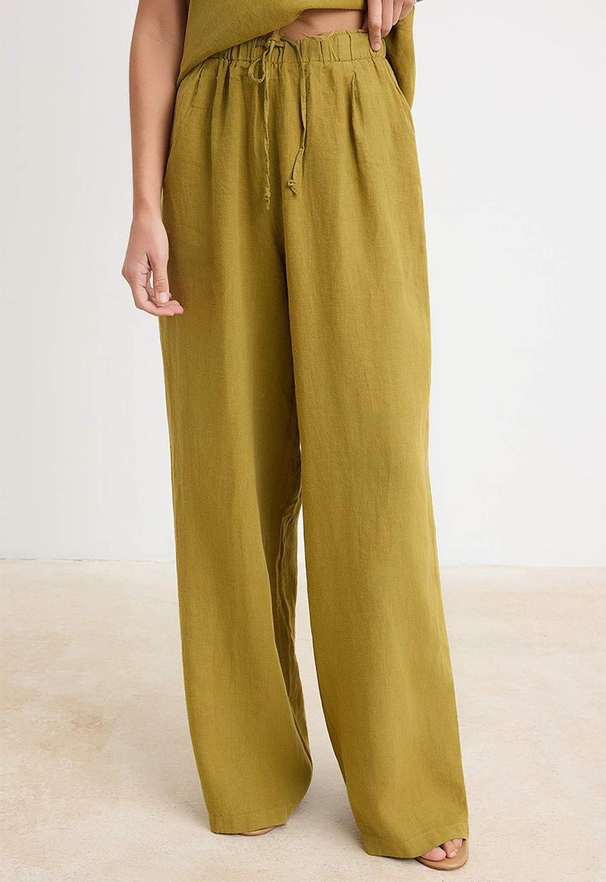 Trendyol - Halter Neck Blouse and Wide-Leg Trousers Set - Oil Green