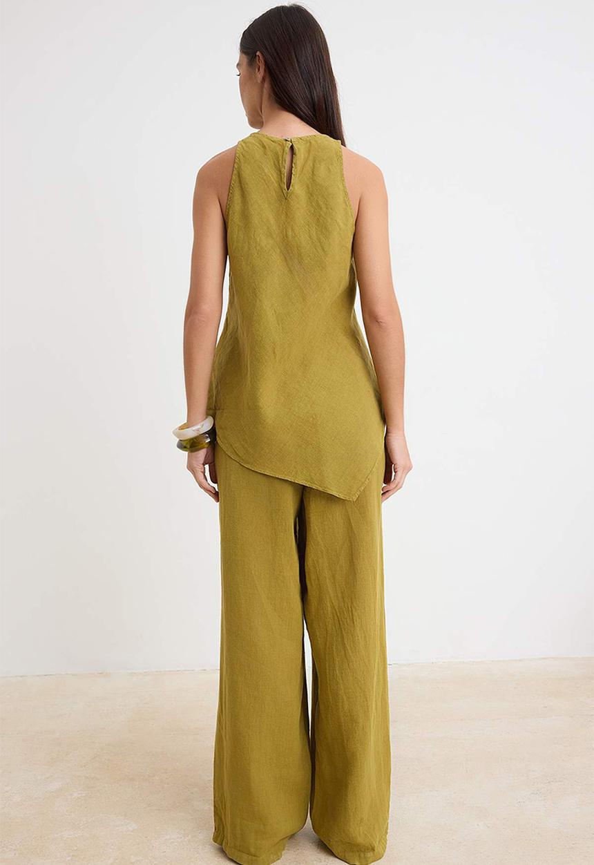 Trendyol - Halter Neck Blouse and Wide-Leg Trousers Set - Oil Green