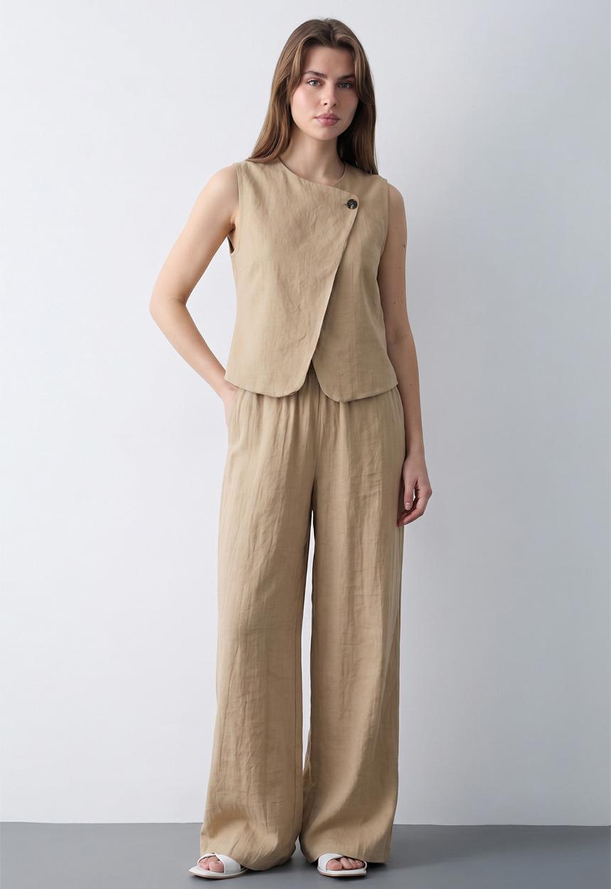 Trendyol - Linen-Look Top and Bottom Set - Light Khaki