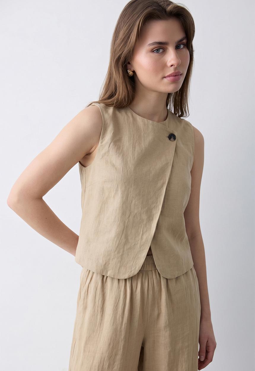 Trendyol - Linen-Look Top and Bottom Set - Light Khaki