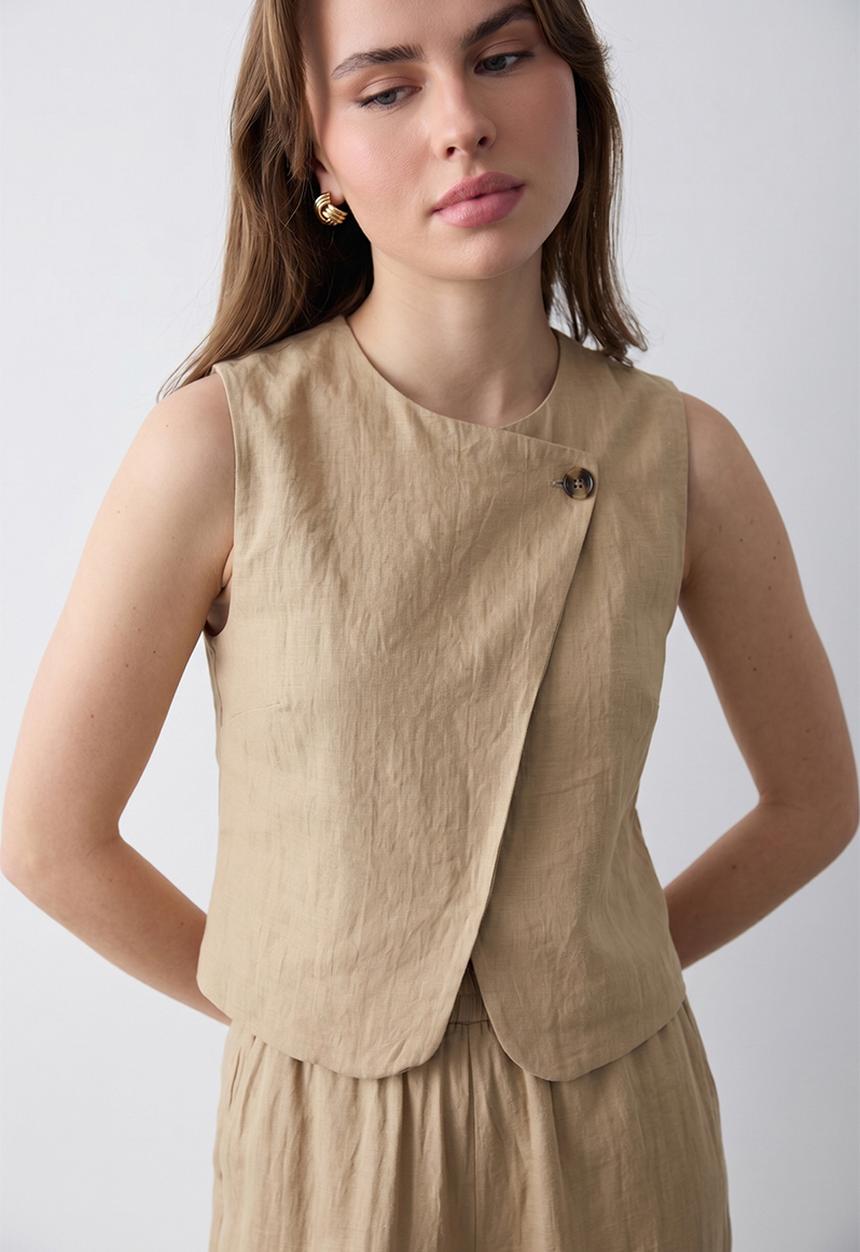 Trendyol - Linen-Look Top and Bottom Set - Light Khaki