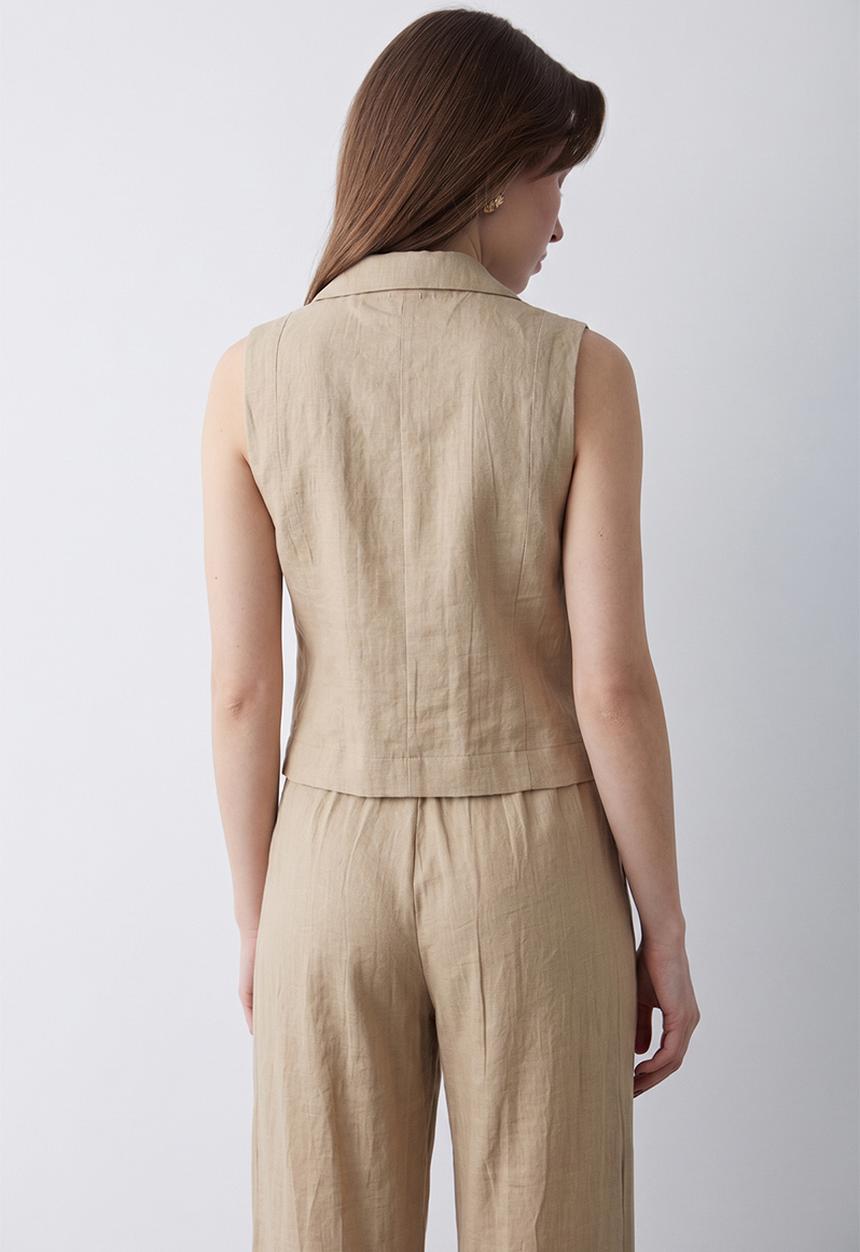 Trendyol - Linen-Look Top and Bottom Set - Light Khaki