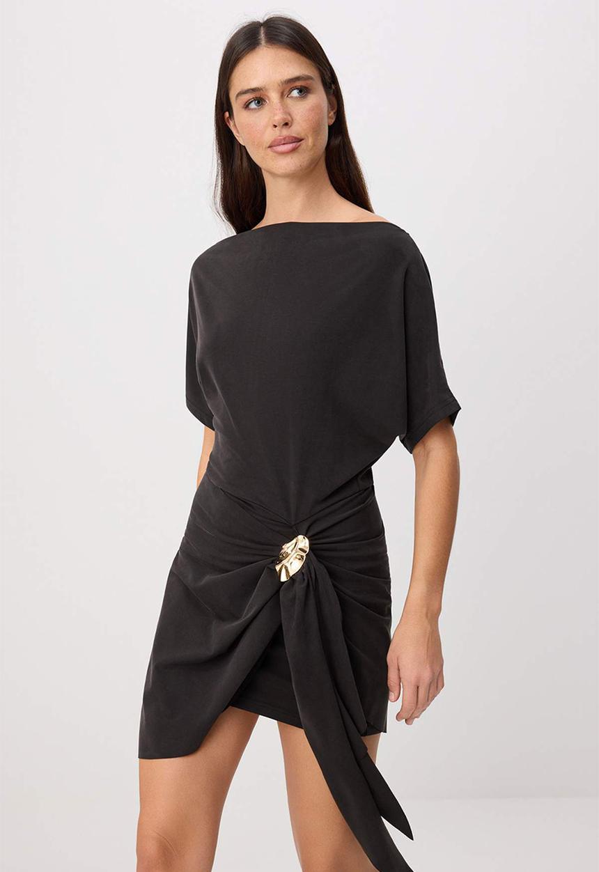 Trendyol - Premium Lyocell Bell-Shaped Mini Knit Dress with Accessory Detail - Black