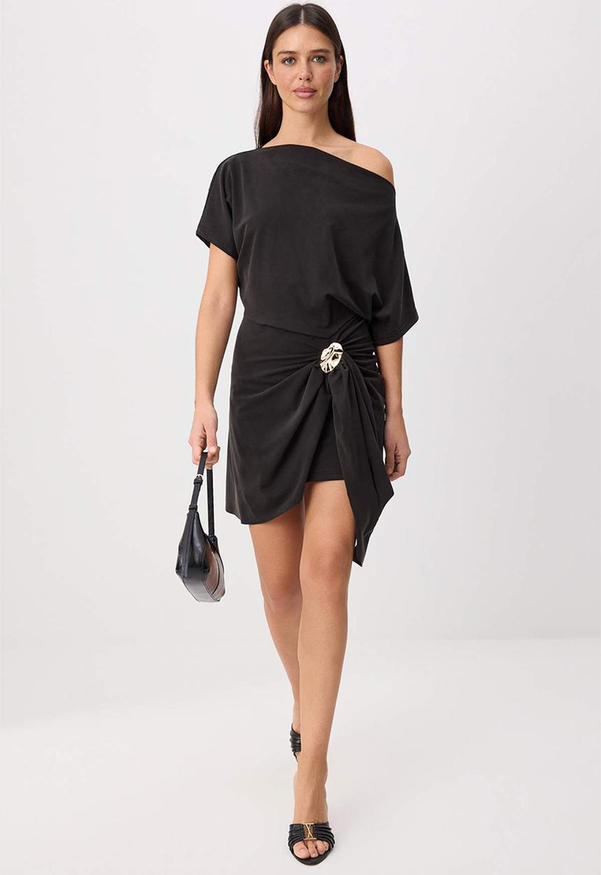 Trendyol - Premium Lyocell Bell-Shaped Mini Knit Dress with Accessory Detail - Black