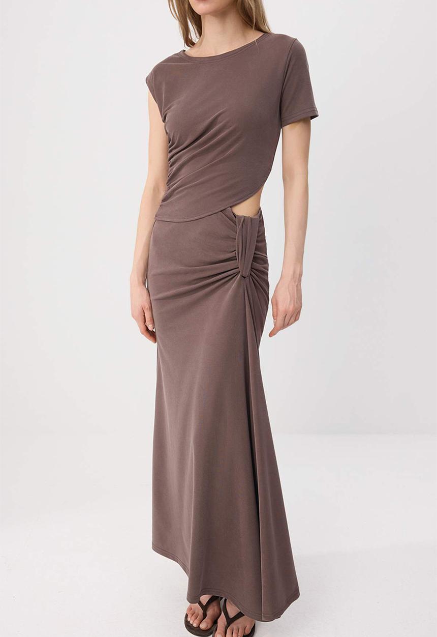 Trendyol - Fitted Window Detail Maxi Modal Knit Dress - Brown