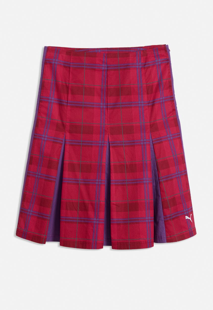 PUMA - T7 Pleated Tartan Woven Midi Skirt - Garnet Glow