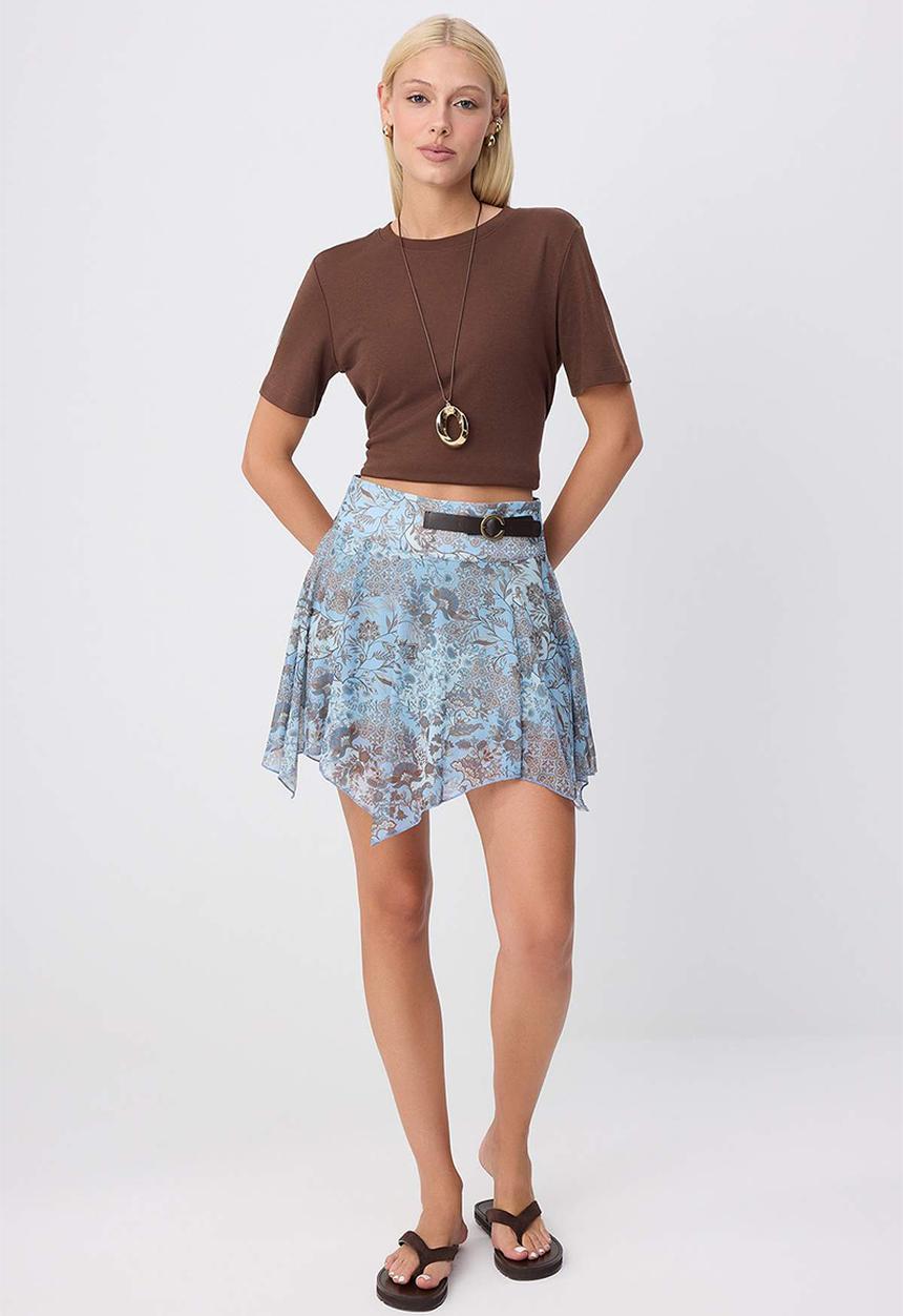 Trendyol - Floral Belted Tulle Mini Skirt - Multicolour-Brown