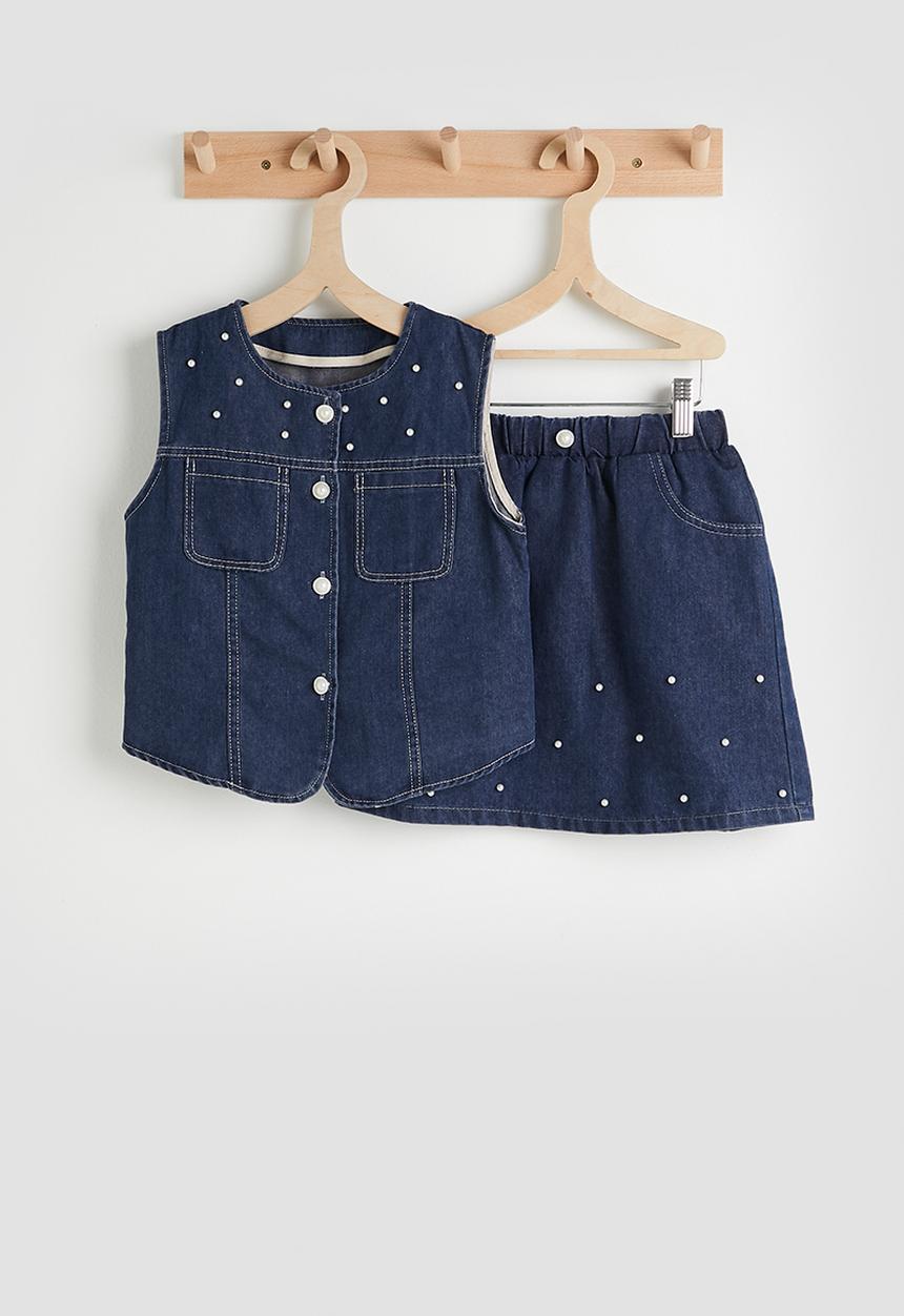 Pop Candy - Pearl beaded denim vest & skirt - dark blue