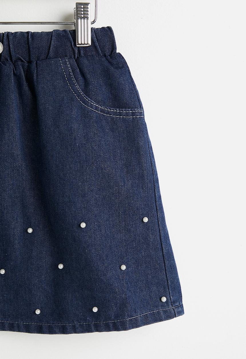 Pop Candy - Pearl beaded denim vest & skirt - dark blue