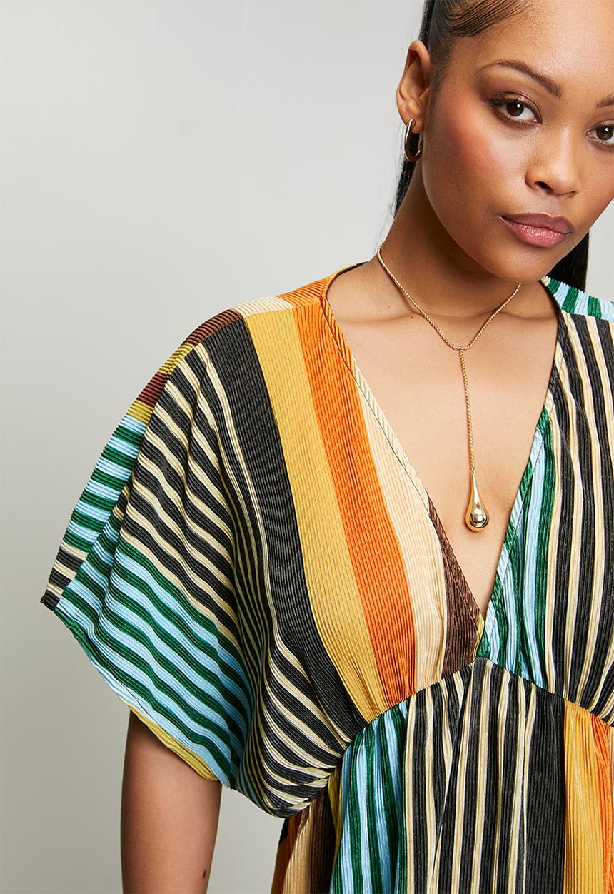 Me&B - Plus Plisse Joy Kaftan Sleeve Dress - Multistripe