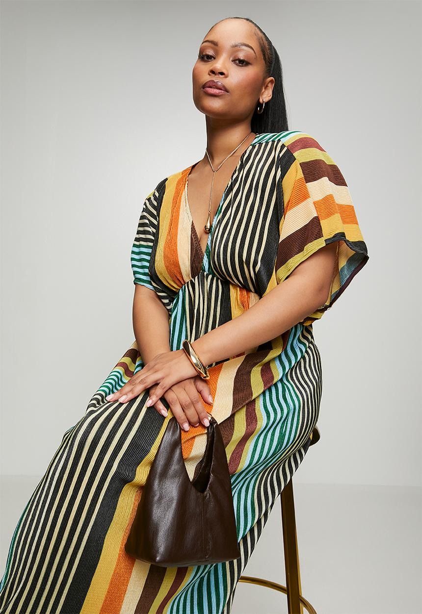 Me&B - Plus Plisse Joy Kaftan Sleeve Dress - Multistripe