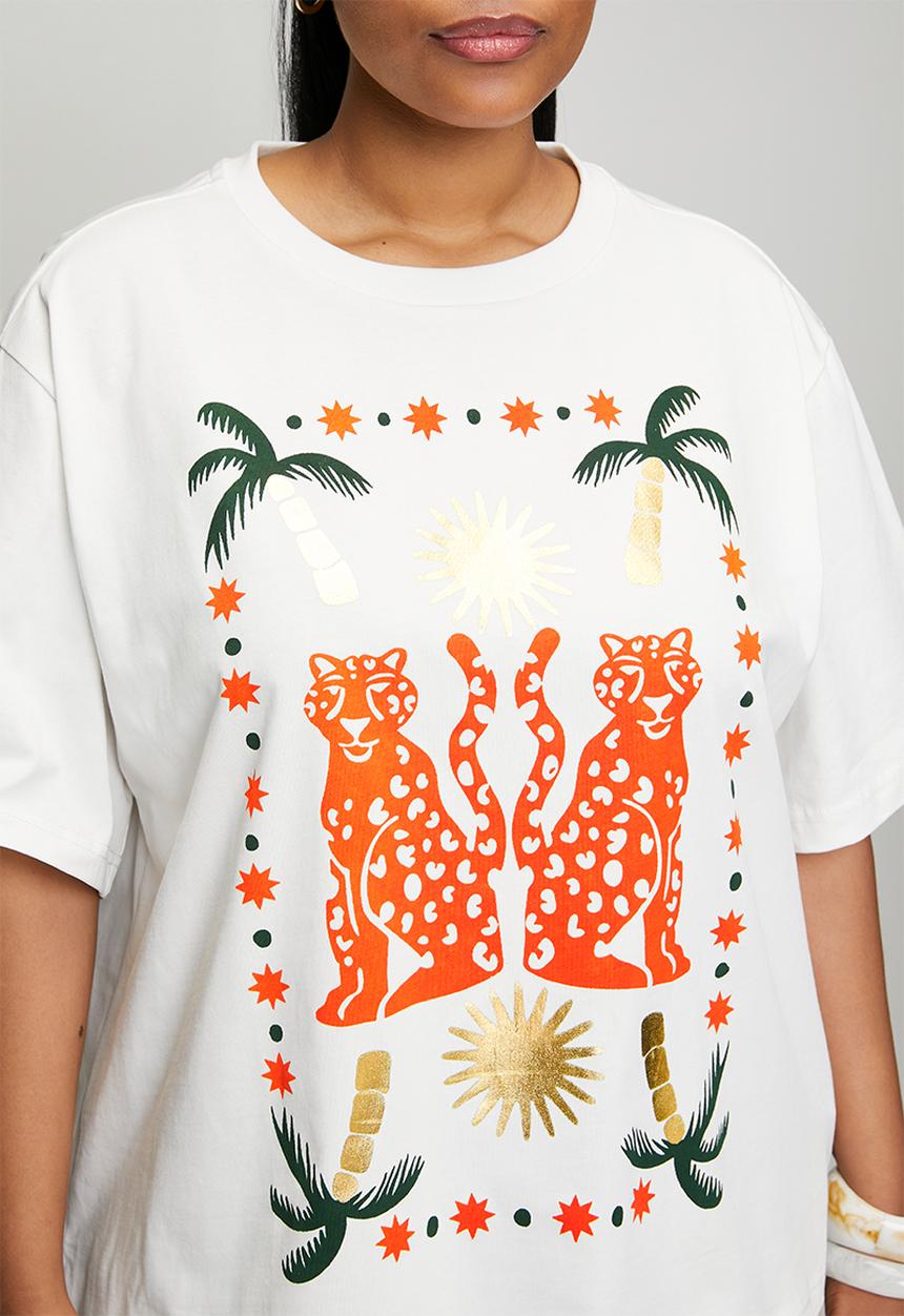 Me&B - Plus Statement Tee With Moroccan Cheetah - White
