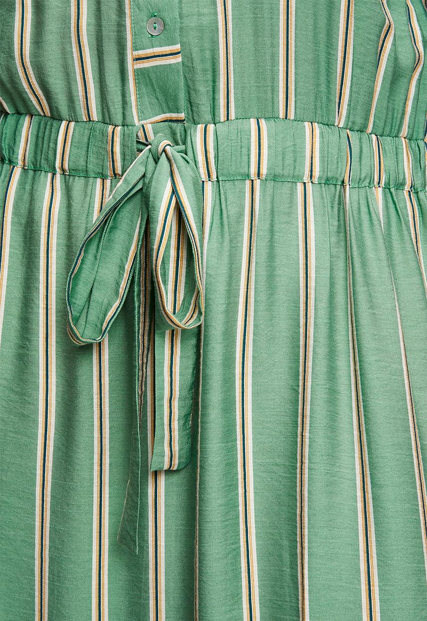 Me&B - Plus Drawstring Waist Pocket Shirt Dress - Green & White Stripe