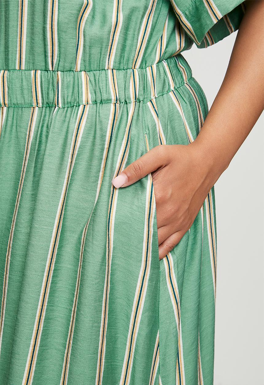 Me&B - Plus Drawstring Waist Pocket Shirt Dress - Green & White Stripe