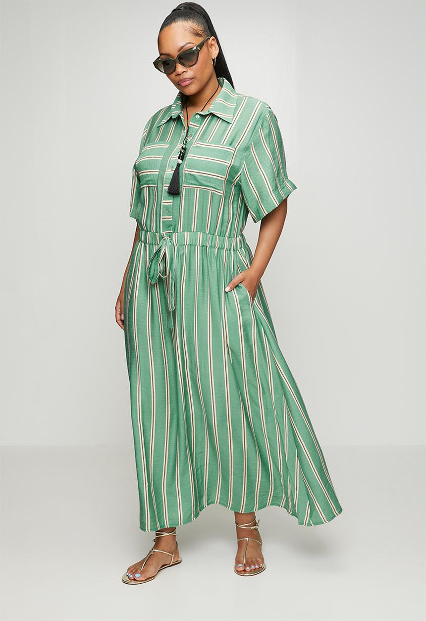 Me&B - Plus Drawstring Waist Pocket Shirt Dress - Green & White Stripe