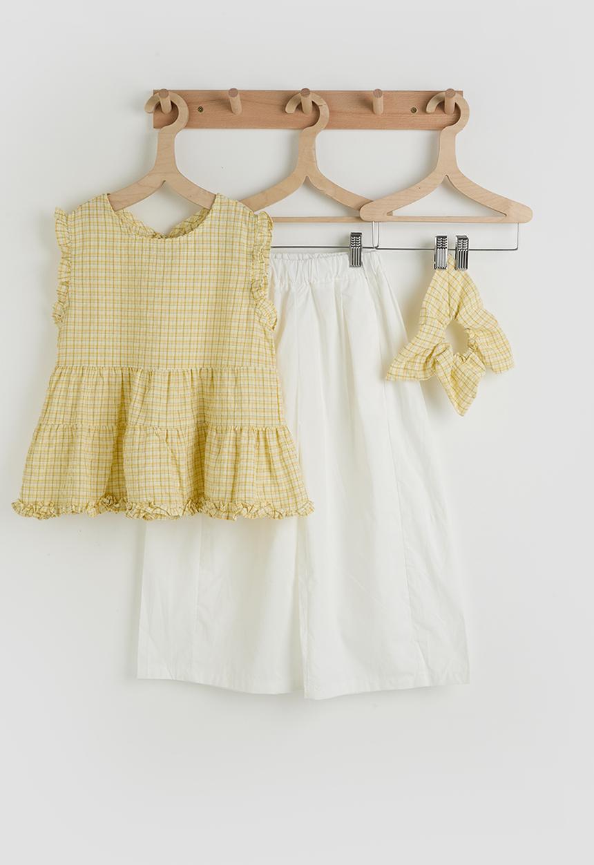 Pop Candy - Ruffle hem peplum top & panelled pants - light yellow/white