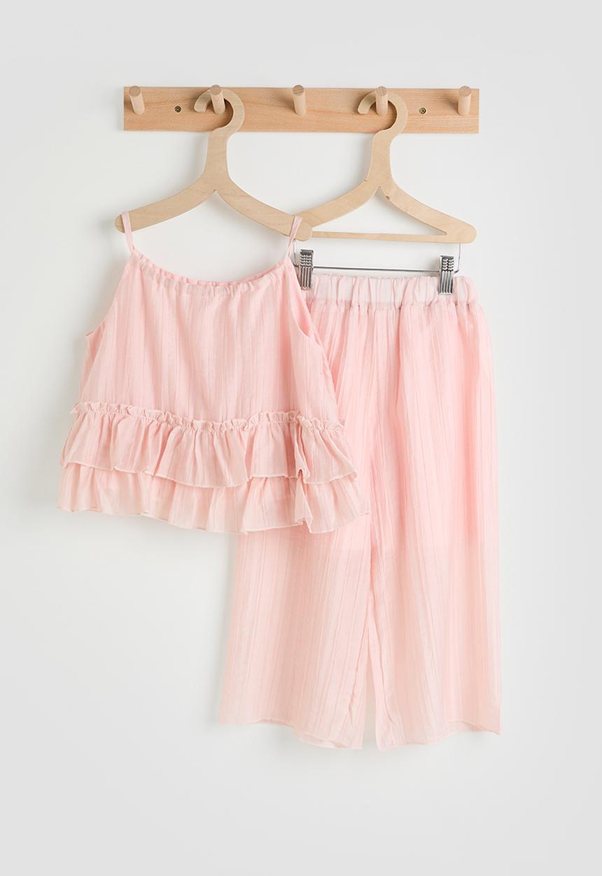 Pop Candy - Sheer ruffled hem cami & wide leg pants - pink