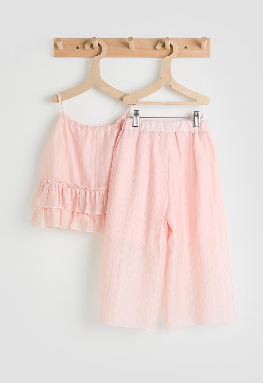 Pop Candy - Sheer ruffled hem cami & wide leg pants - pink