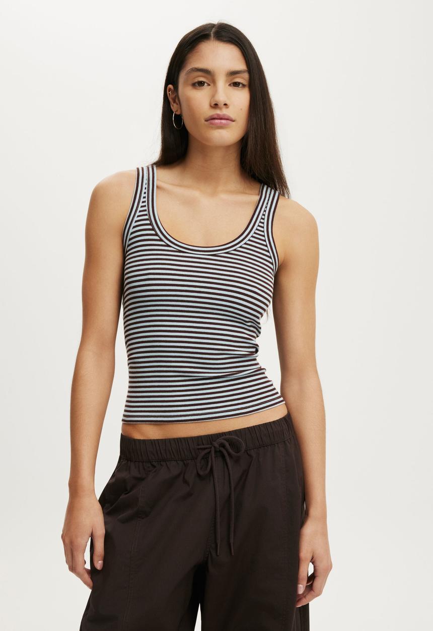 Cotton On - Blake Rib Scoop Tank - Madi Stripe Seaside Blue/Dark Oak