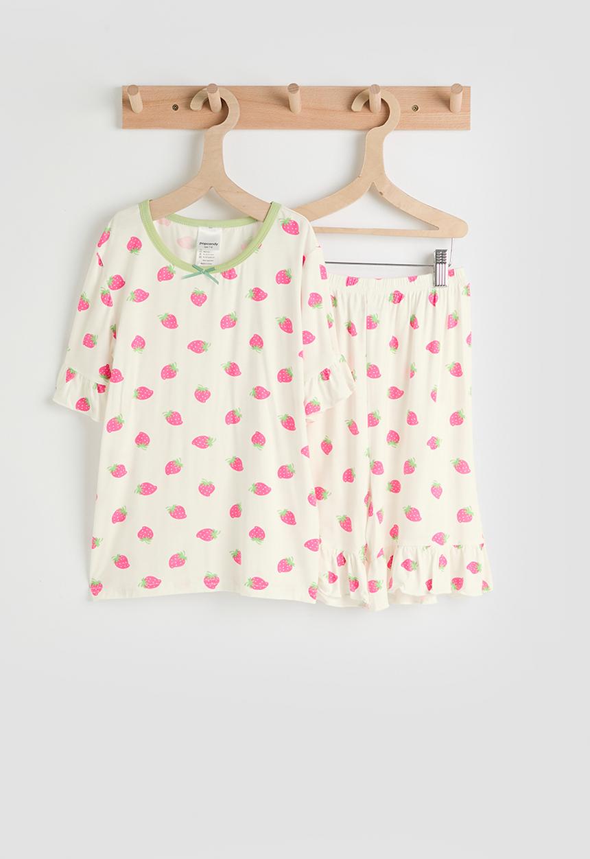 Pop Candy - Strawberry aop tee & shorts pj set - white