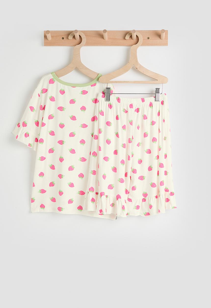 Pop Candy - Strawberry aop tee & shorts pj set - white