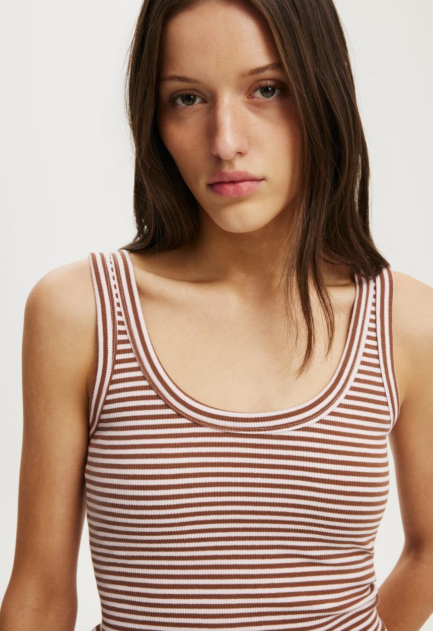 Cotton On - Blake Rib Scoop Tank - Madi Stripe Walnut/Babydoll