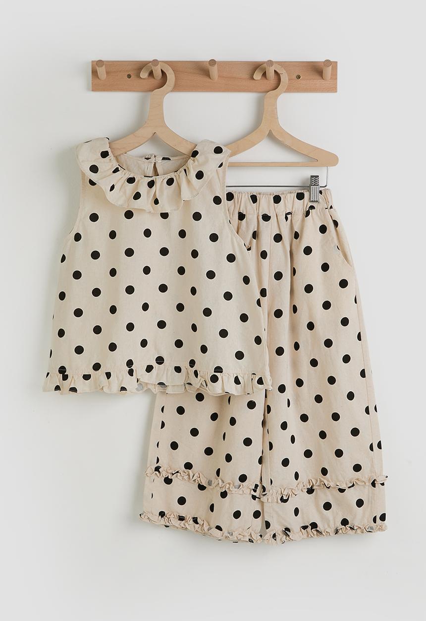 Pop Candy - Polka dot ruffle hem blouse & wide leg pants - cream