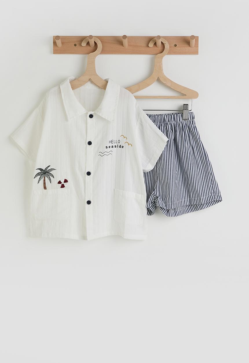 Pop Candy - Palm tree embroidered shirt with shorts - white & grey