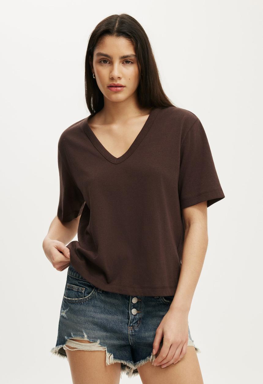 Cotton On - The Slub V Neck Tee - Washed Dark Oak