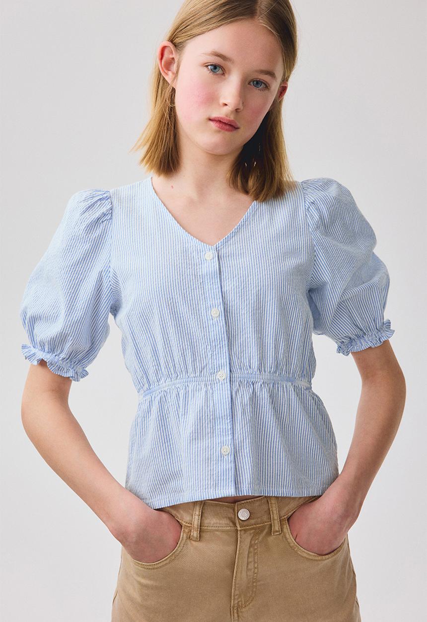 H&M - Puff-sleeved cotton seersucker blouse - light blue/striped