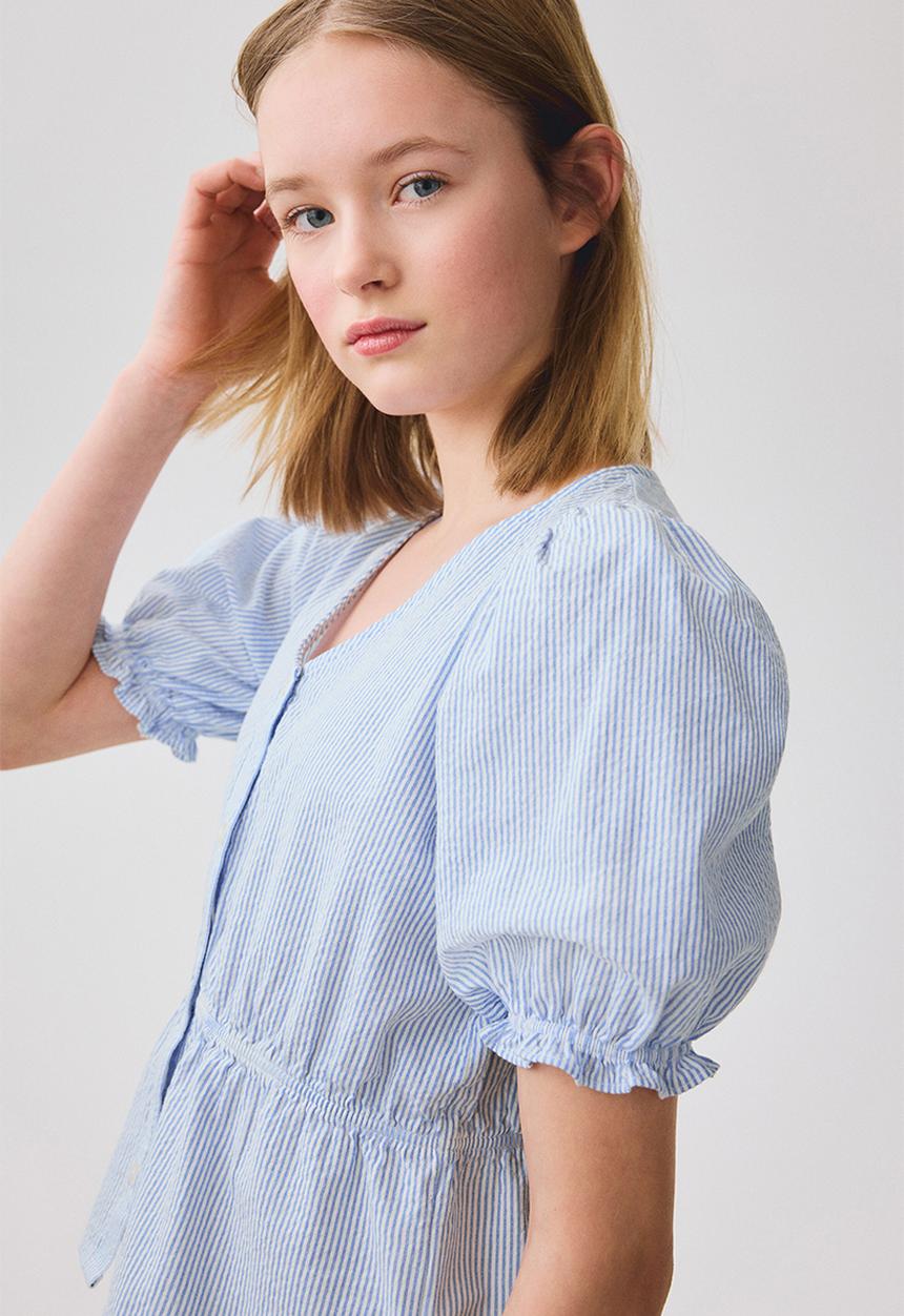H&M - Puff-sleeved cotton seersucker blouse - light blue/striped