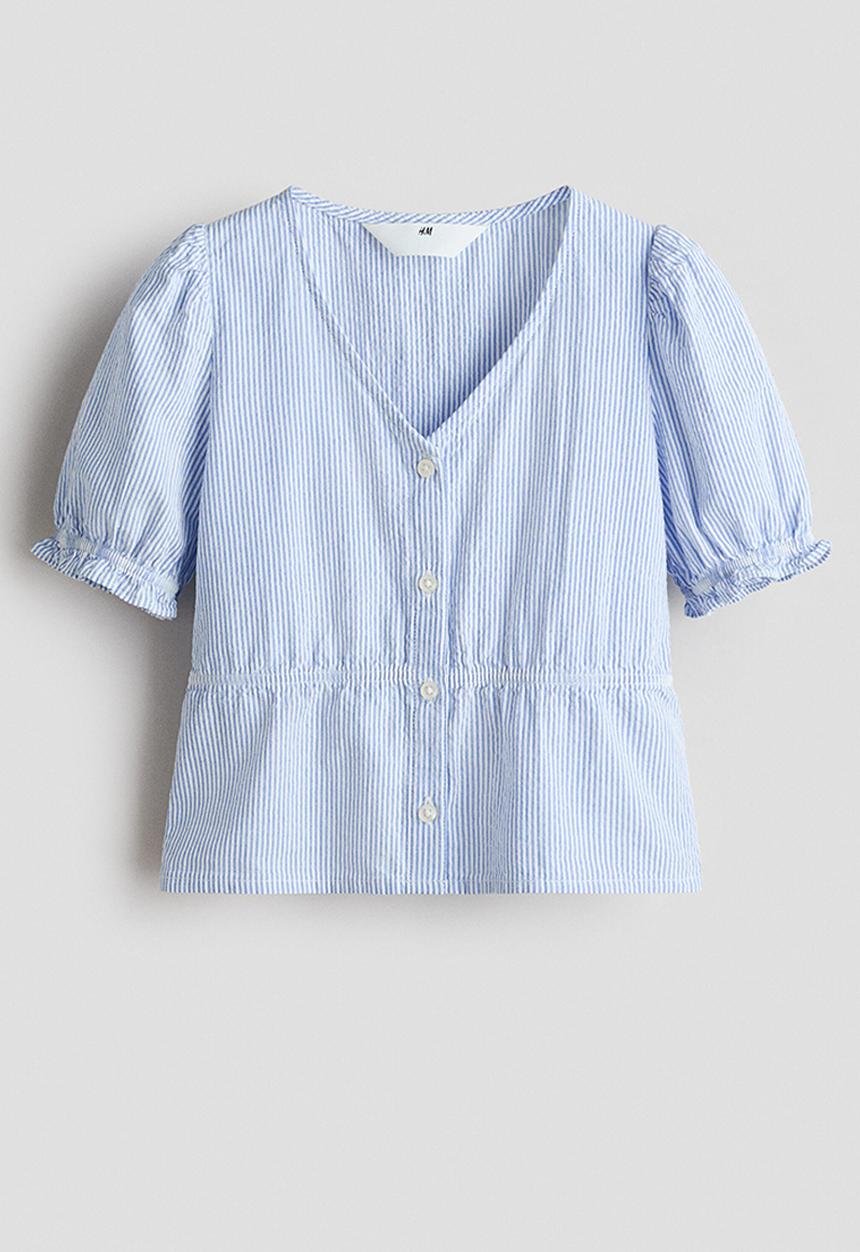 H&M - Puff-sleeved cotton seersucker blouse - light blue/striped