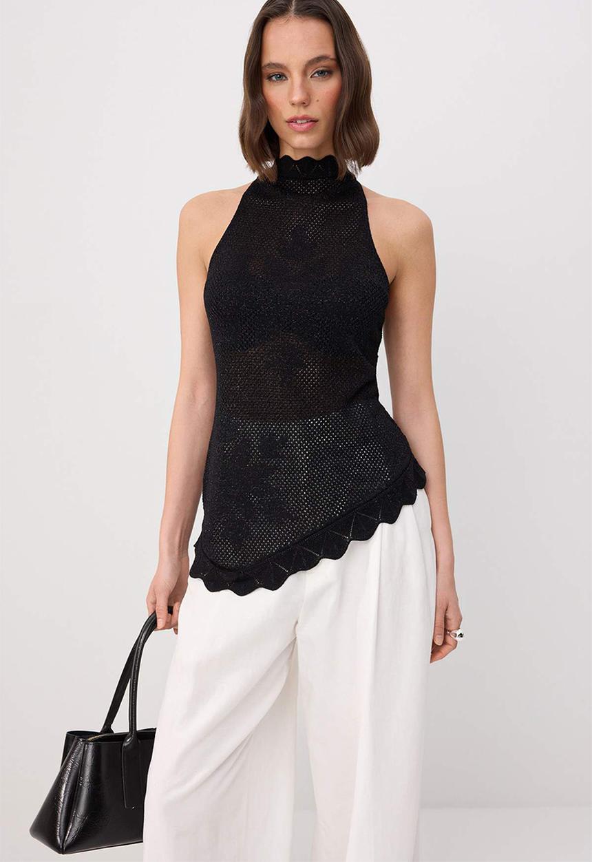 Trendyol - Openwork Halter Neck Knit Blouse - Black